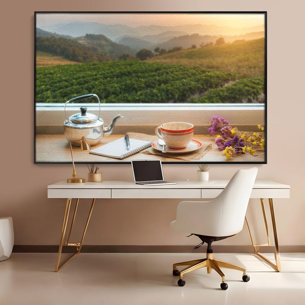 Tablou canvas cu tablou canvas cu peisaj matinal si ceainic pe pervaz, in rama de aluminiu negru, pe perete intr-un birou